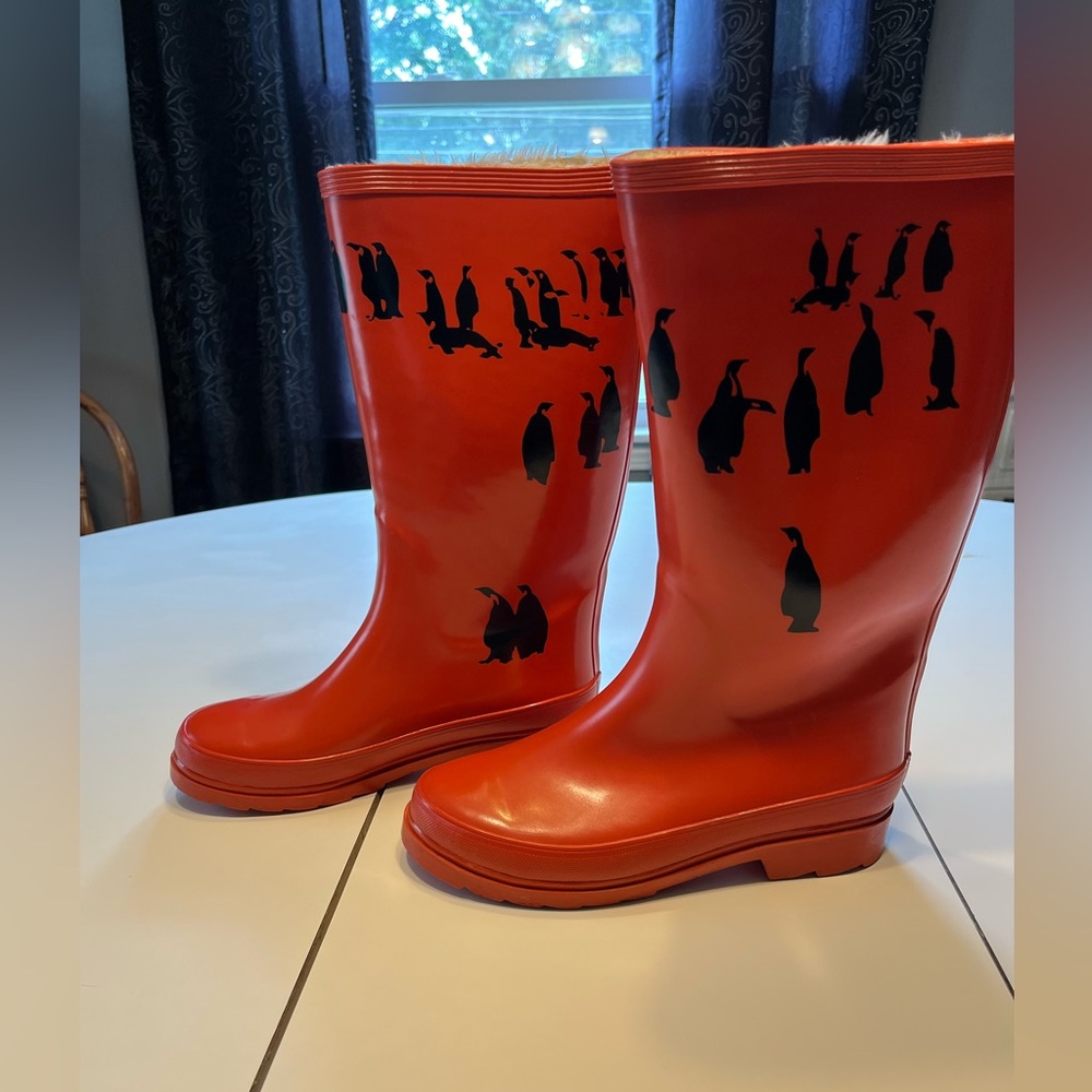 J.Crew size 7 lined red penguin rain boots